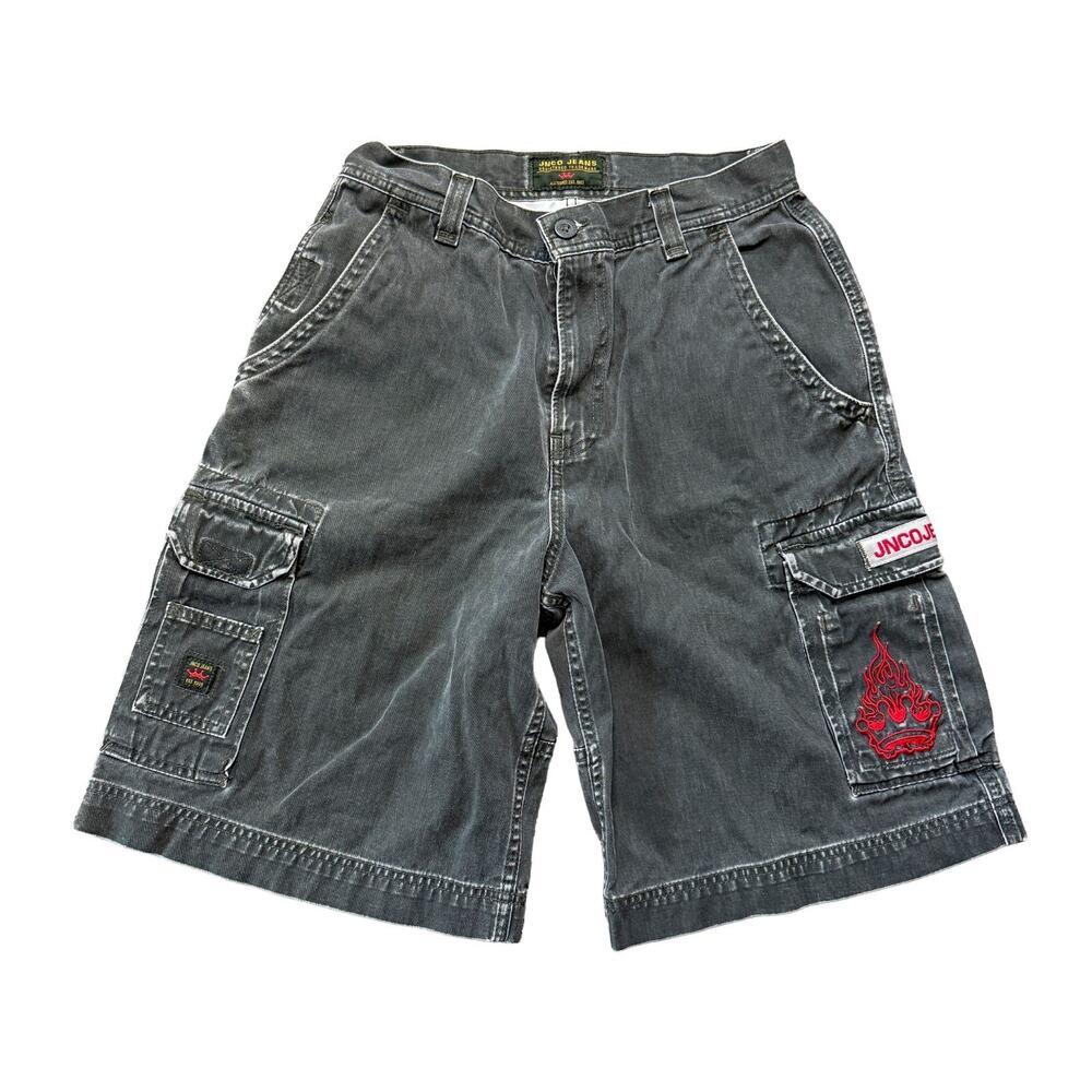 Vintage JNCO Jeans Cargo Shorts Black Flame Patch Size 32 Y2K Skater Festival